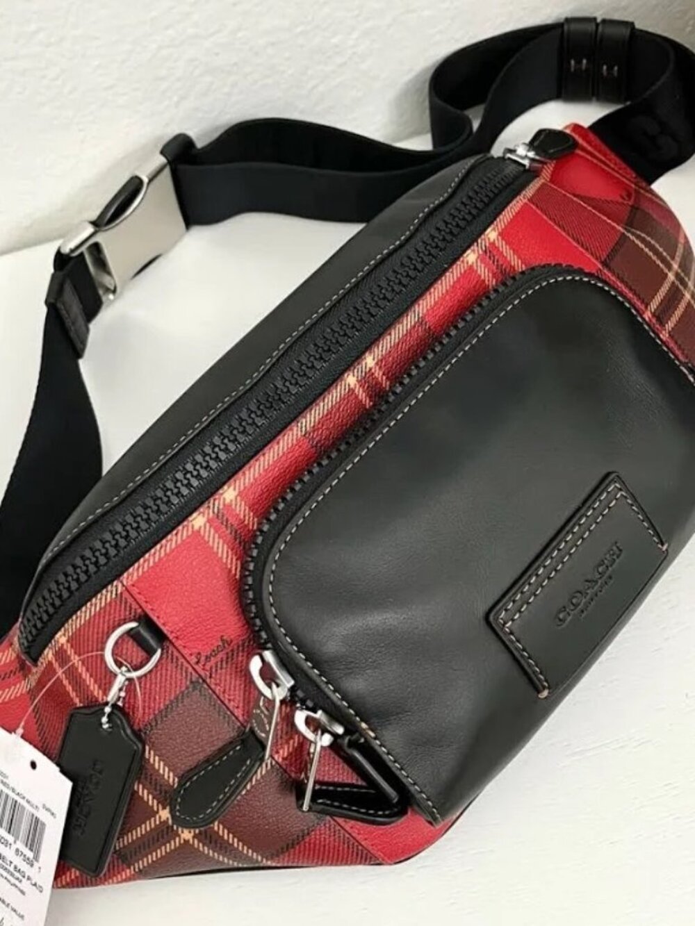 Coach Track Belt Bag Red Black Tartan Plaid Crossbody New